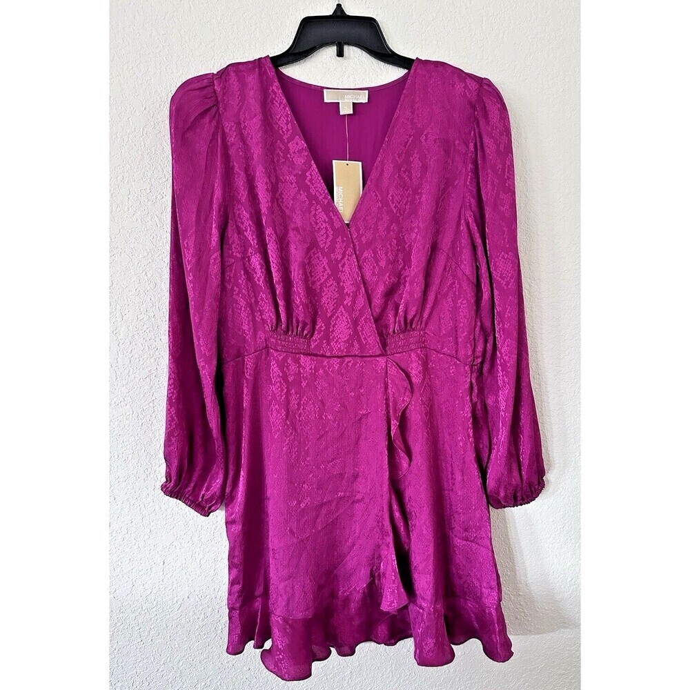 Michael Kors Women's Mini Dress Snake Print Jacquard Faux Wrap Deep Fuchsia 3X - Picture 2 of 12